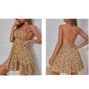 🆕Floral Ruffle-Trim Sleeveless Halter Dress XS🆕